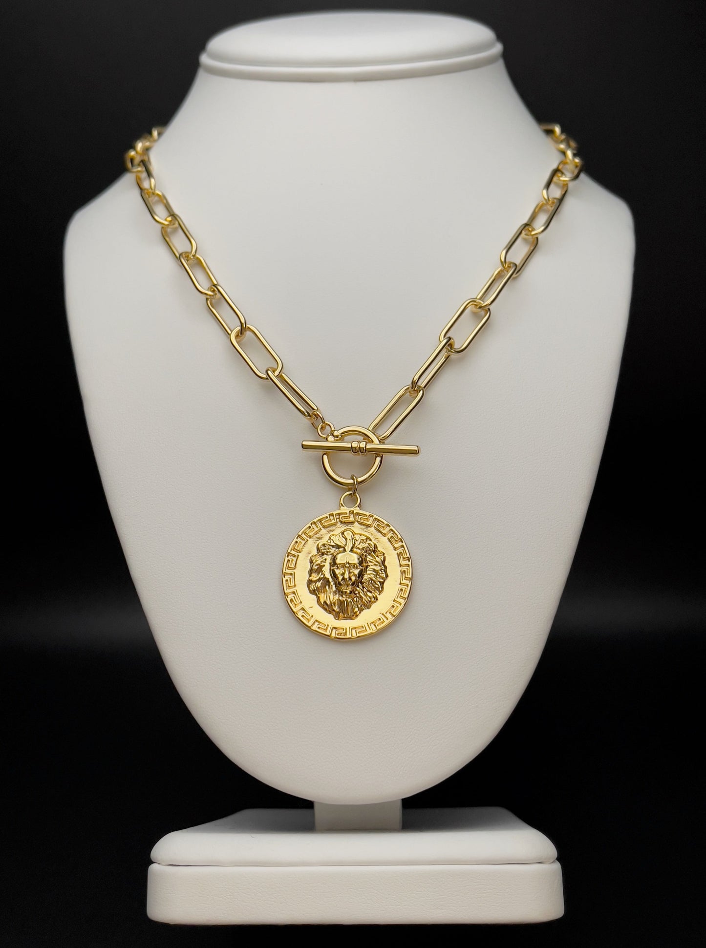 Image of necklace with round medallion of a lions face.