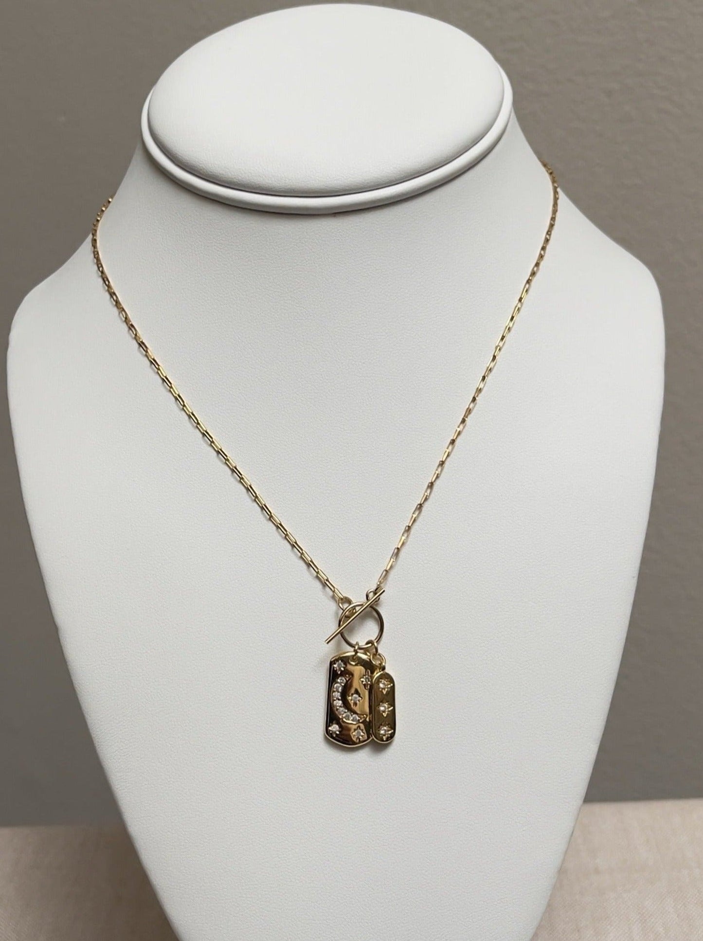 Image of necklace with toggle clasp and two charms.