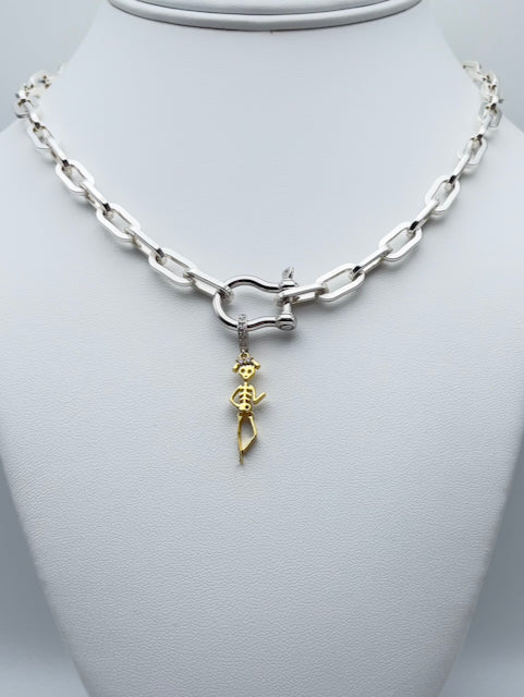 sterling silver paperclip necklace with anchor clasp and dancing skeleton charm